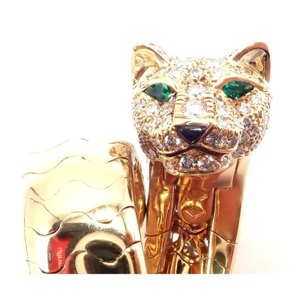 Authentic! Cartier Panther 18k Yellow Gold Diamond Emerald Onyx Band Ring - Picture 8 of 11